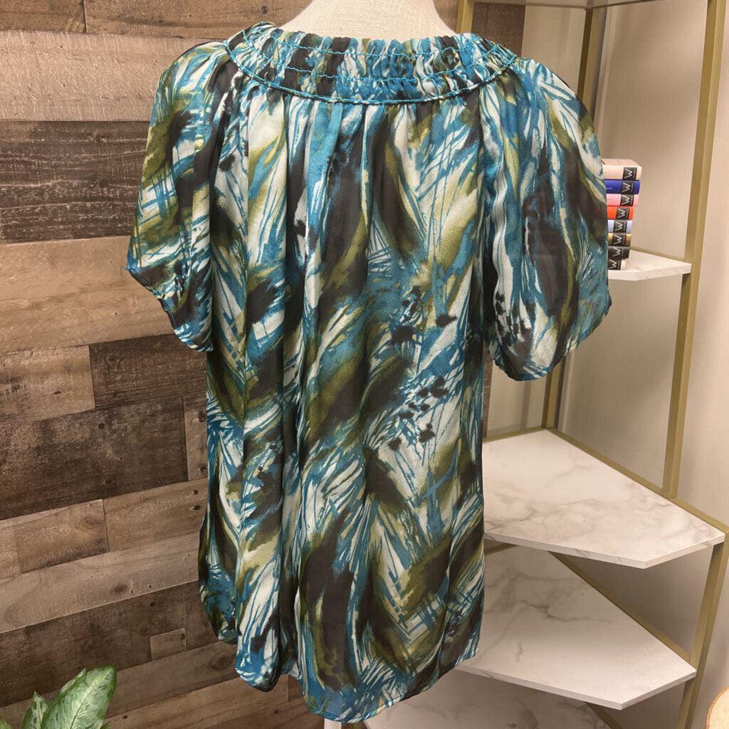 NWT Violet & Claire Black, Aqua Green Multi Short Sleeve Blouse Size L