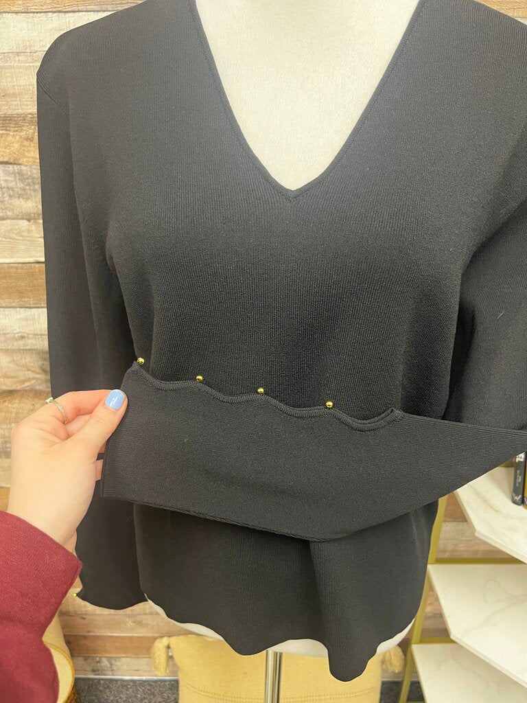 Dana Buchman Black V-Neck Sweater w/Button Arm Detail Size XL