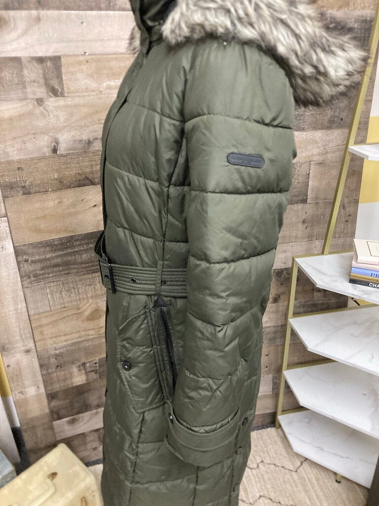 Lucky Brand Army Green Long Puffer Winter Coat w/Faux Fur Hood Size S
