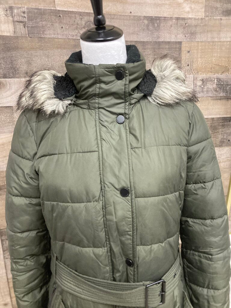 Lucky Brand Army Green Long Puffer Winter Coat w/Faux Fur Hood Size S