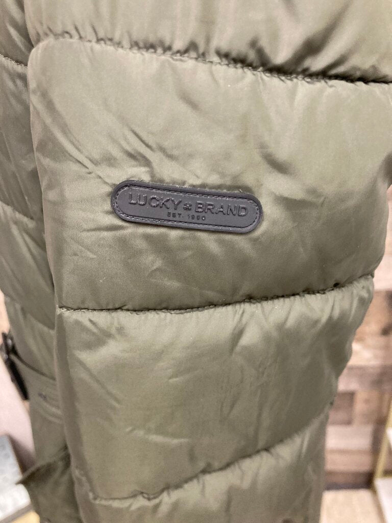 Lucky Brand Army Green Long Puffer Winter Coat w/Faux Fur Hood Size S