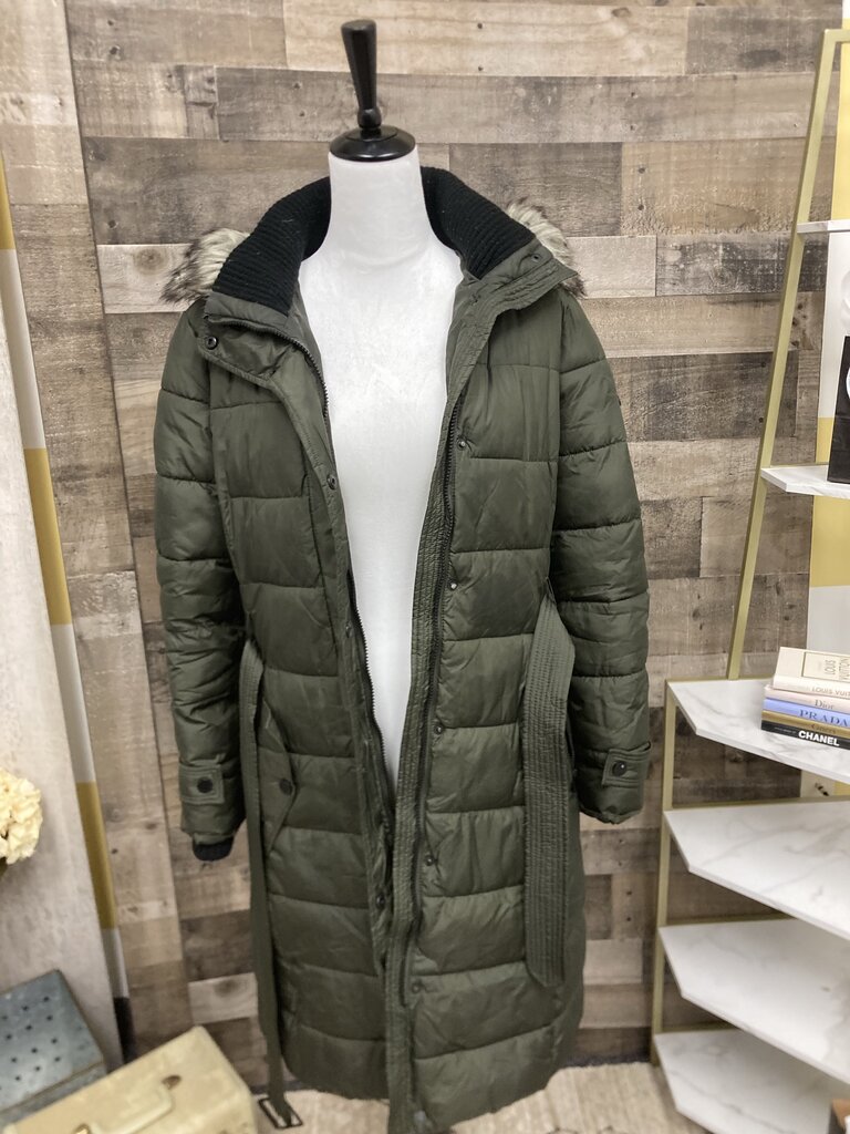 Lucky Brand Army Green Long Puffer Winter Coat w/Faux Fur Hood Size S