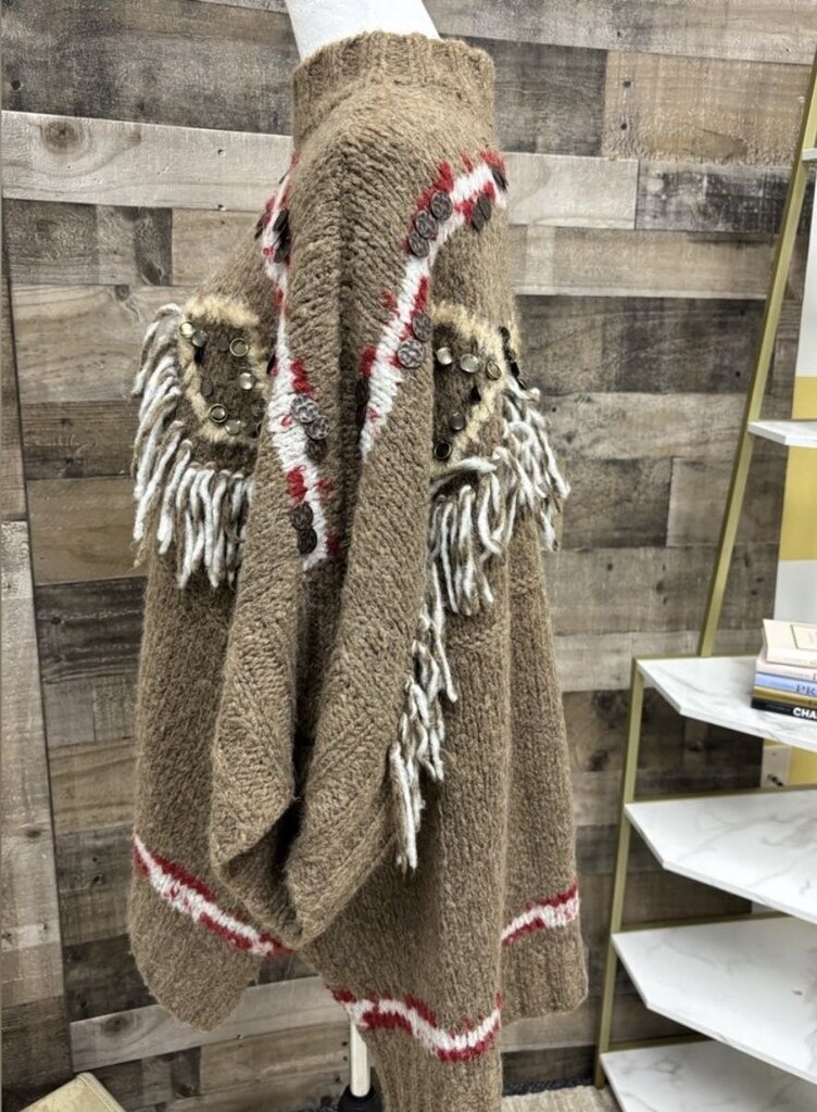 Free People Tan Sweater w/Fringe & Coin Detail Size S