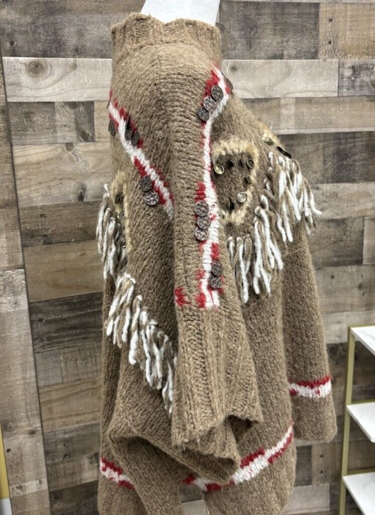 Free People Tan Sweater w/Fringe & Coin Detail Size S