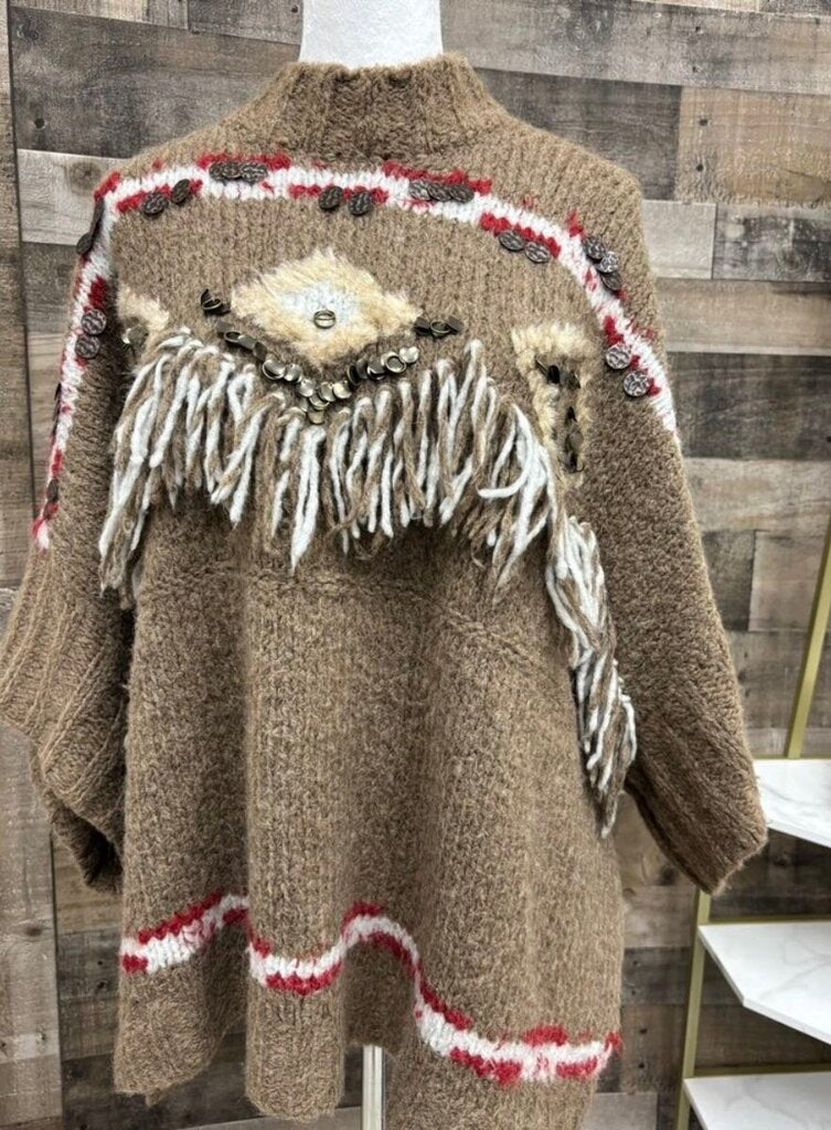 Free People Tan Sweater w/Fringe & Coin Detail Size S