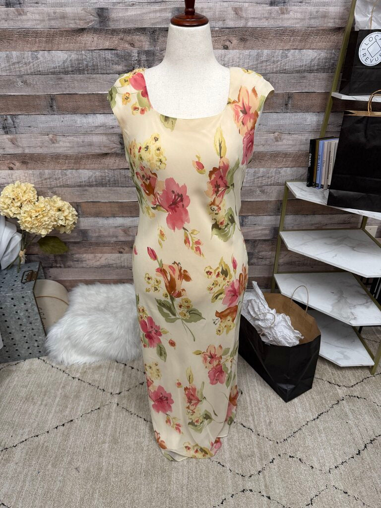 Ann Taylor Cream w/Pink & Green Flowers Sleeveless Size 10