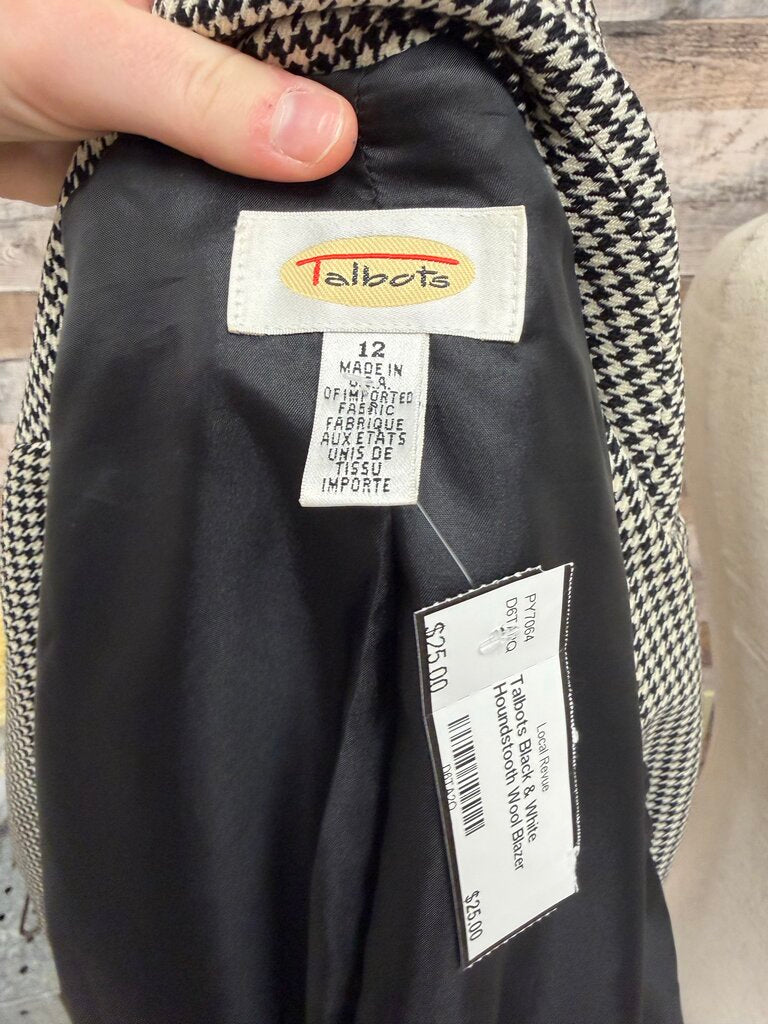 Talbots Black & White Houndstooth Wool Blazer Shoulder Pads Size 12 Talbots Black & White 12 women BLAZERS