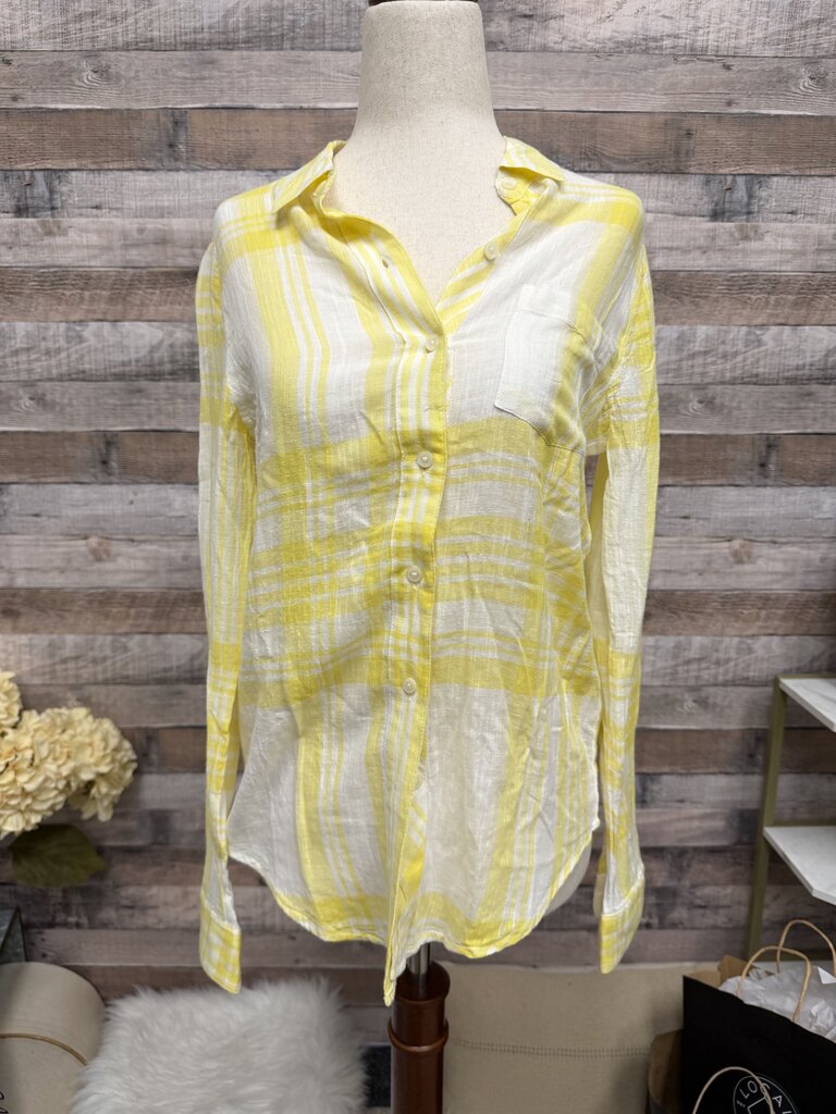 Lucky Brand Yellow &. White Plain Linen Button Down Size XS