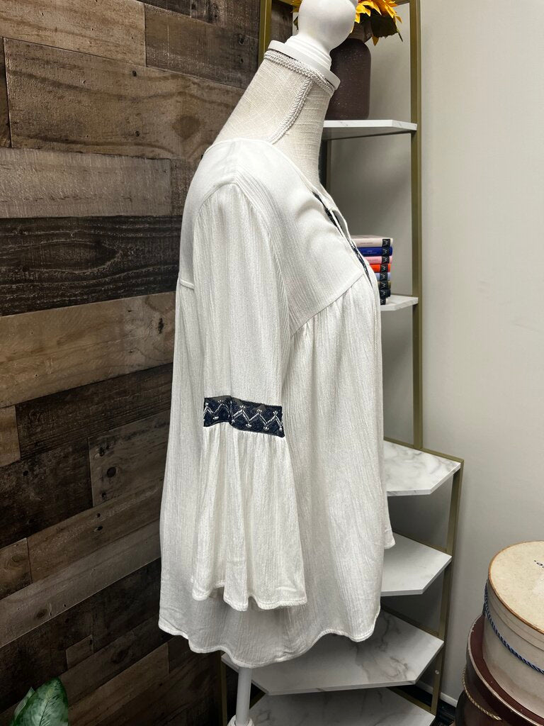 Liverpool Off White & Navy Peasant Boho Blouse Size S