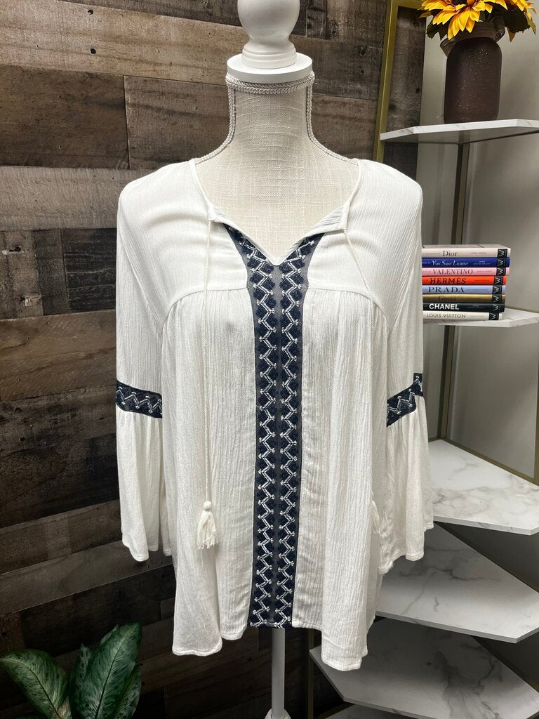 Liverpool Off White & Navy Peasant Boho Blouse Size S