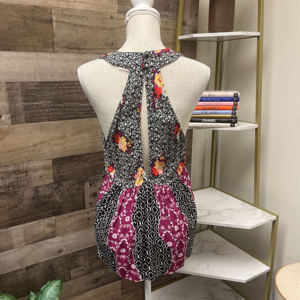 Free People Black Floral Pattern V-Neck Halter Size S