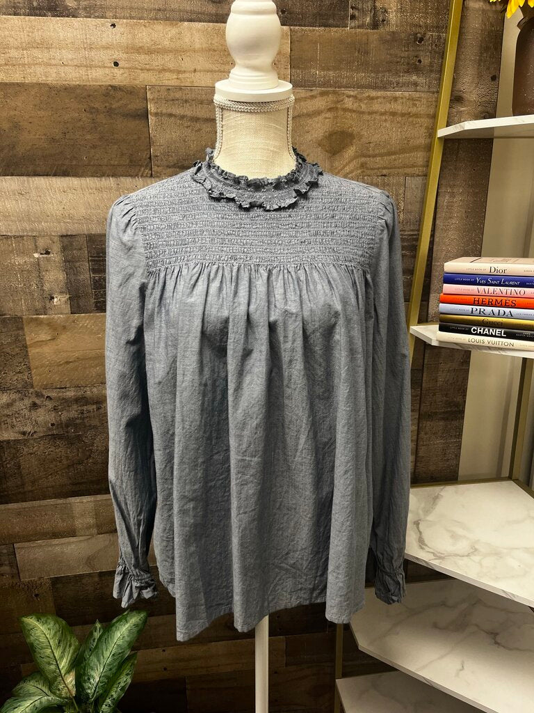 Gap Chambray Ruffle Mock Neck Boho Blouse Size M
