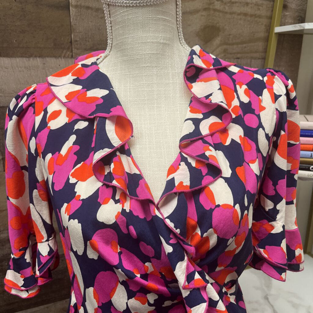 DVF Multi Color Silk Wrap Short Sleeve Blouse Size 6