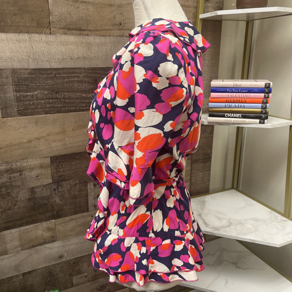 DVF Multi Color Silk Wrap Short Sleeve Blouse Size 6