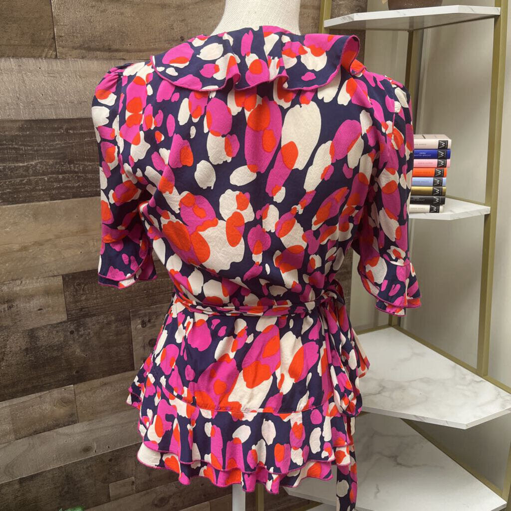 DVF Multi Color Silk Wrap Short Sleeve Blouse Size 6