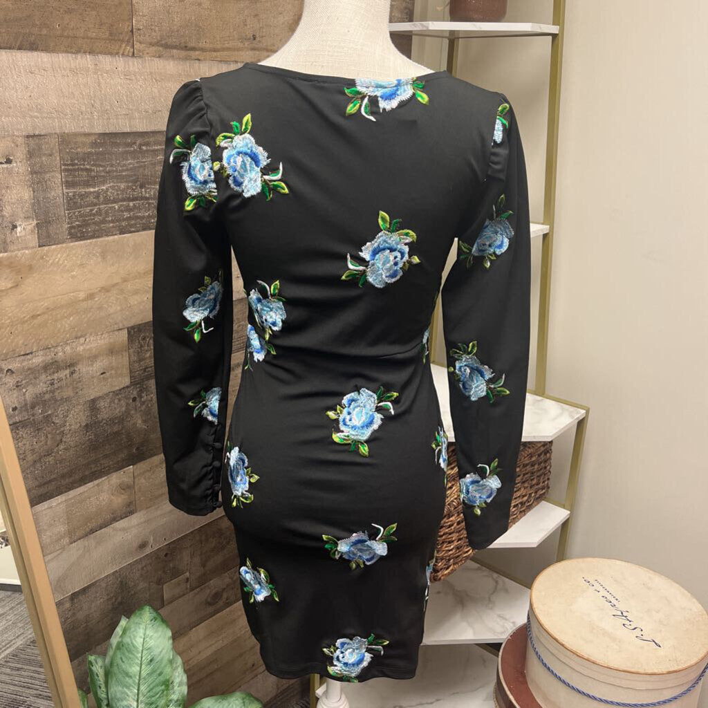 ASOS Black Long Sleeve Dress w/Embroidered Flowers Size 4