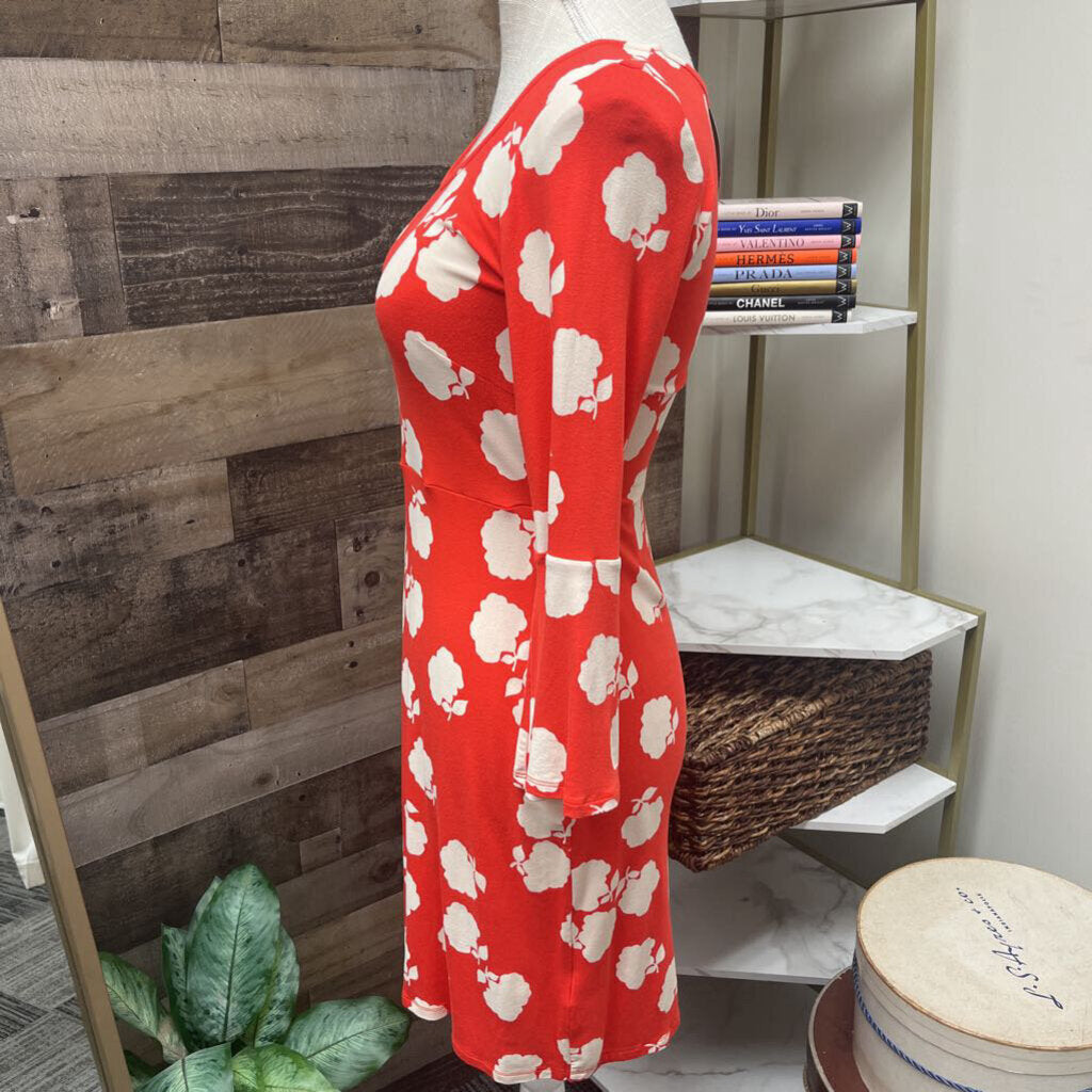 Boden Orange Dress w/White Flowers 3/4 Bell Sleeve Size 2