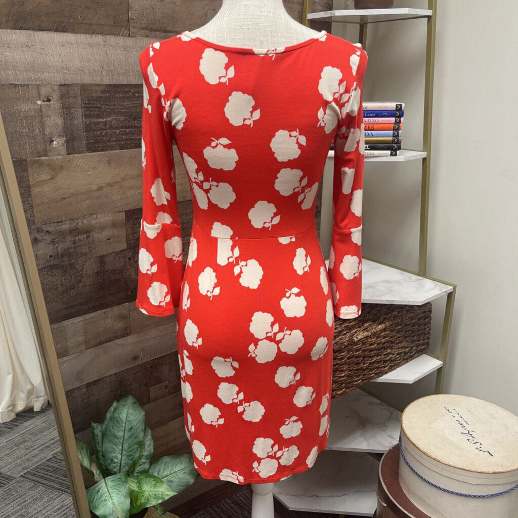 Boden Orange Dress w/White Flowers 3/4 Bell Sleeve Size 2