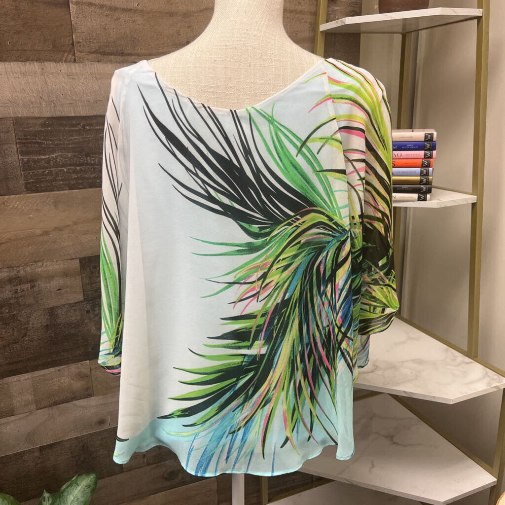 Rafaella Palm Leaf White & Blue Poncho Size M