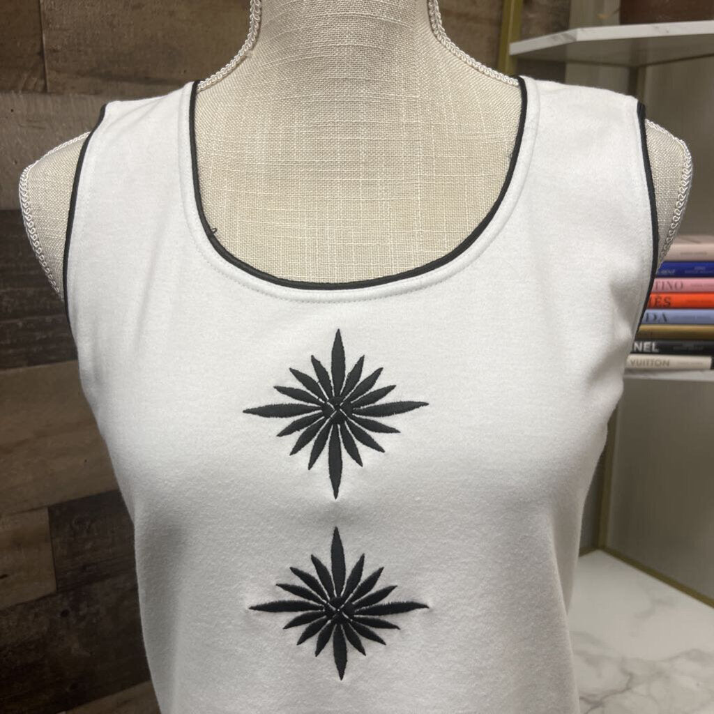 Ann Trinity White Tank w/Black Embroidered Flowers Size S