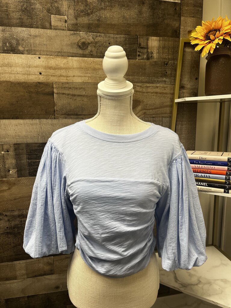 Free People Blue 3/4 Length Puffy Sleeve Cropped Size M