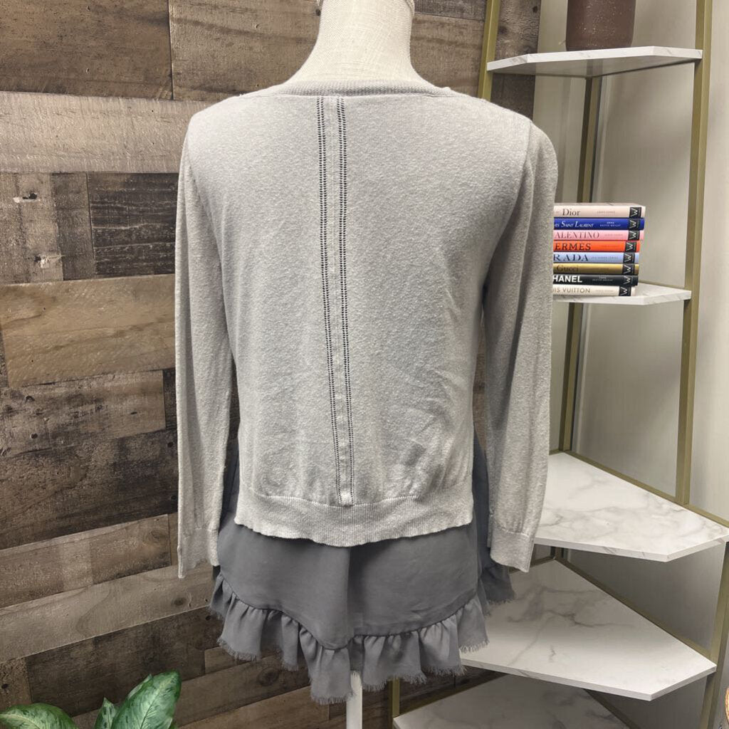 Anthro Yellow Bird Gray Sweater w/Ruffled Hem Size S