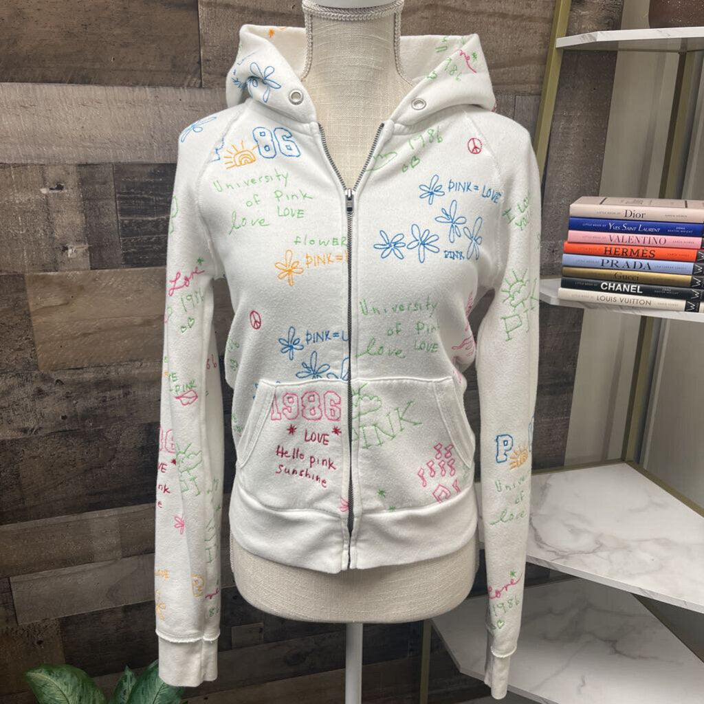 VS Pink Hoodie White w/Embroidery Size M