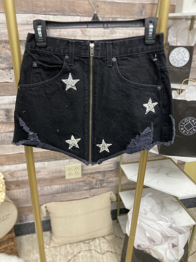 Carmar Black Denim Mini Skirt w/Silver Starts Size 28