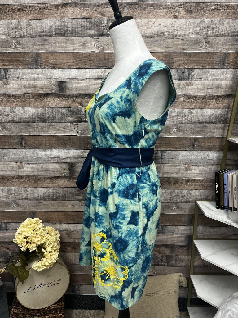 Anthro Floreat Blue & Green Sleeveless Dress w/Yellow Flowers Size 2