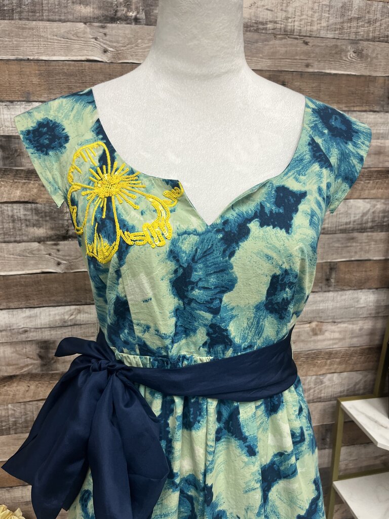 Anthro Floreat Blue & Green Sleeveless Dress w/Yellow Flowers Size 2