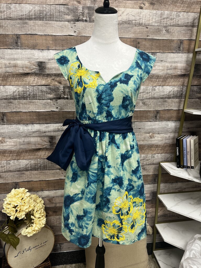 Anthro Floreat Blue & Green Sleeveless Dress w/Yellow Flowers Size 2