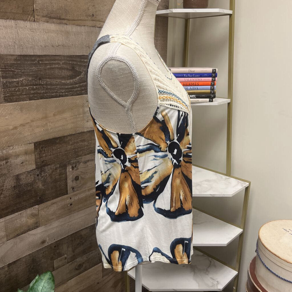 Anthro One Sept Crochet Neckline Navy & Cream Tank Size S