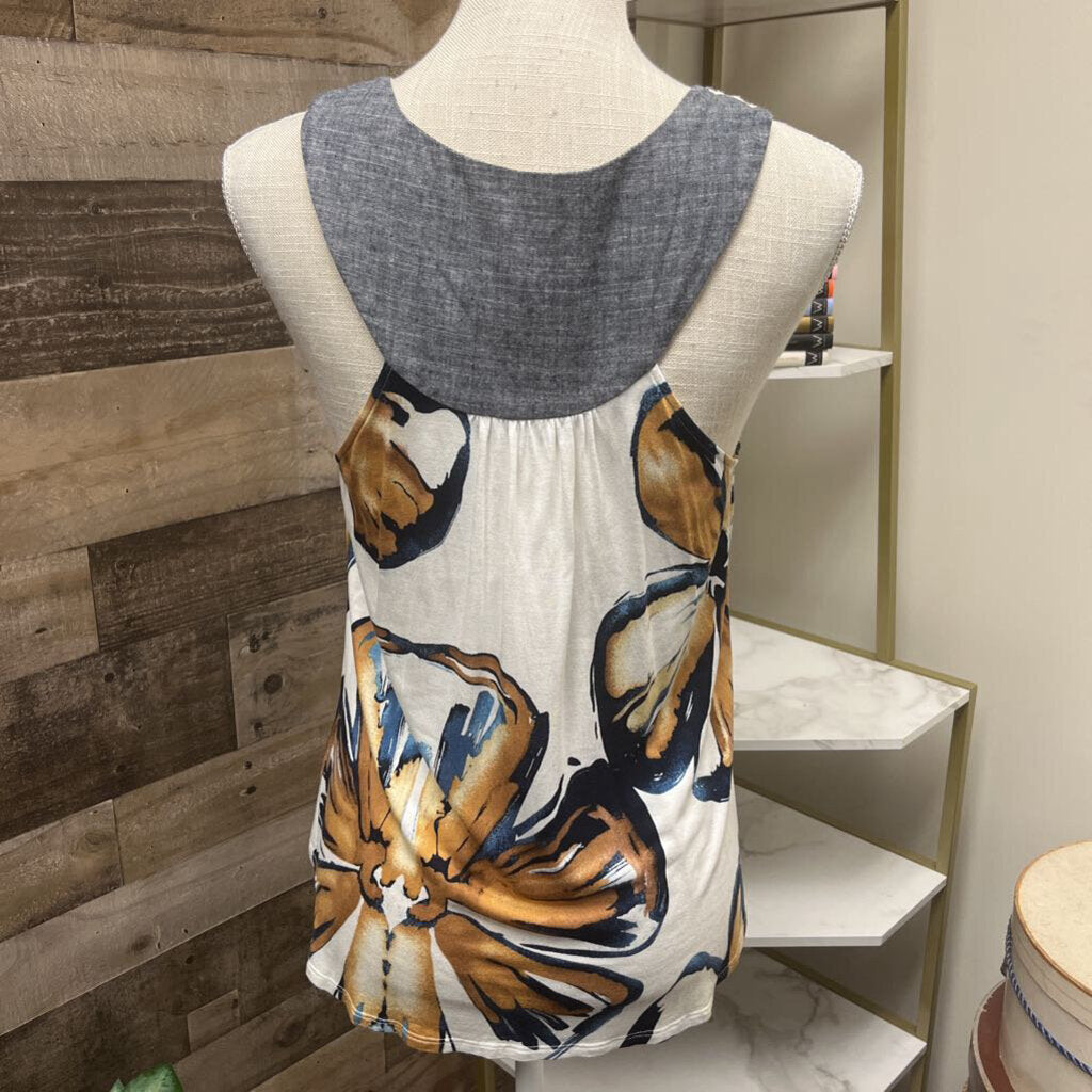 Anthro One Sept Crochet Neckline Navy & Cream Tank Size S
