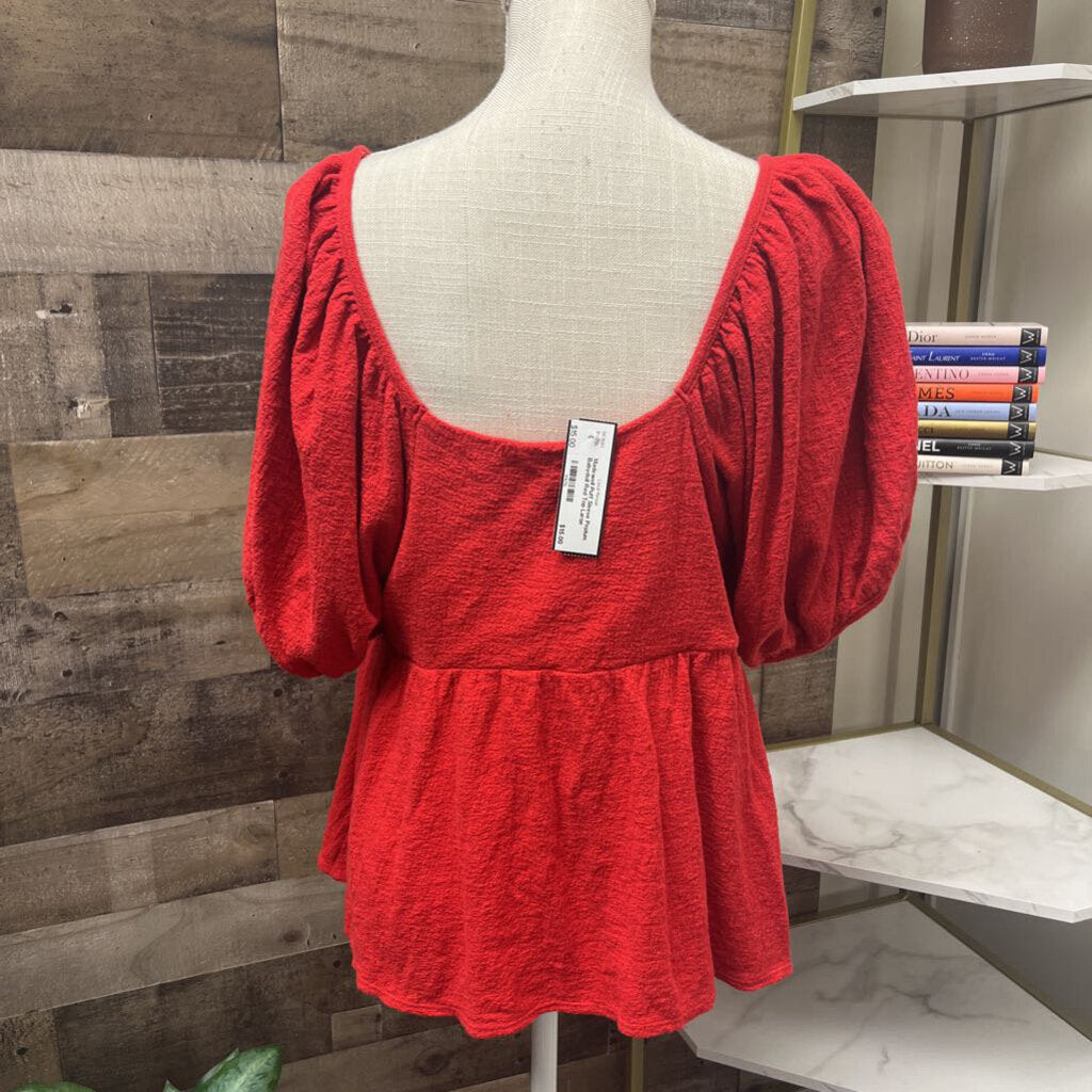 Madewell Puff Sleeve Peplum Babydoll Red Top Size L