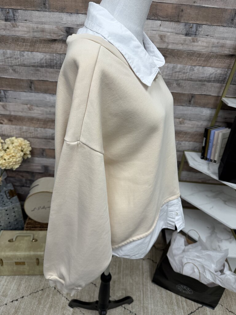 Anthropologie Maeve Layered Oversized Cream Sweatshirt with White Collar Size XL