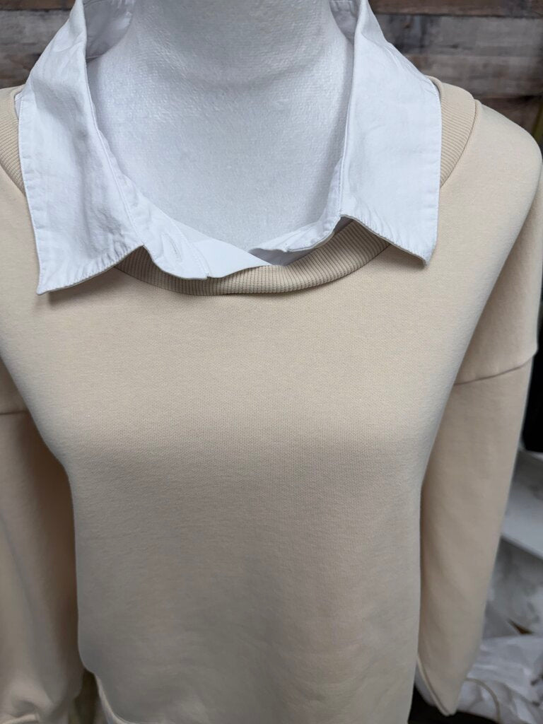 Anthropologie Maeve Layered Oversized Cream Sweatshirt with White Collar Size XL