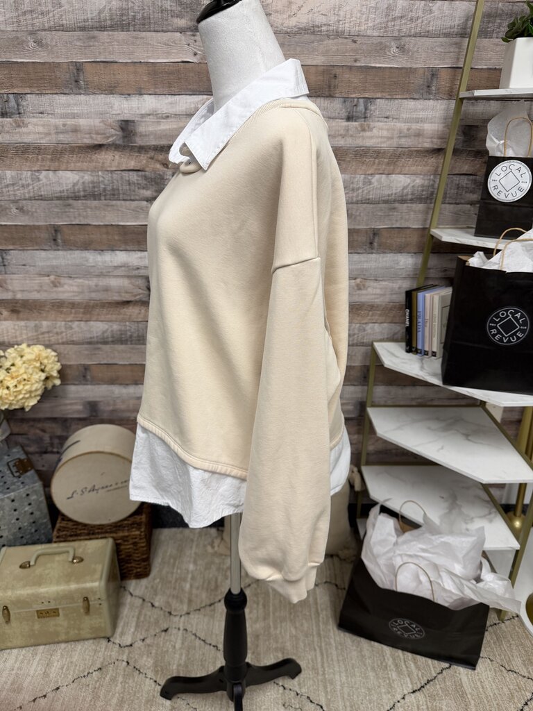 Anthropologie Maeve Layered Oversized Cream Sweatshirt with White Collar Size XL