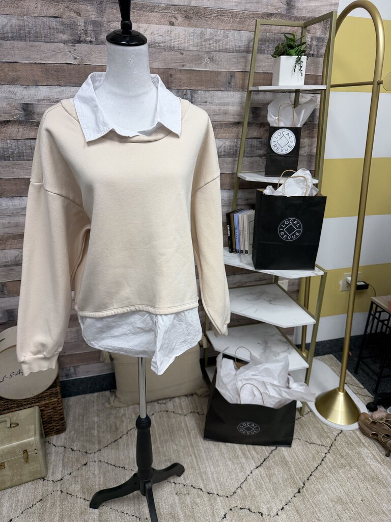 Anthropologie Maeve Layered Oversized Cream Sweatshirt with White Collar Size XL