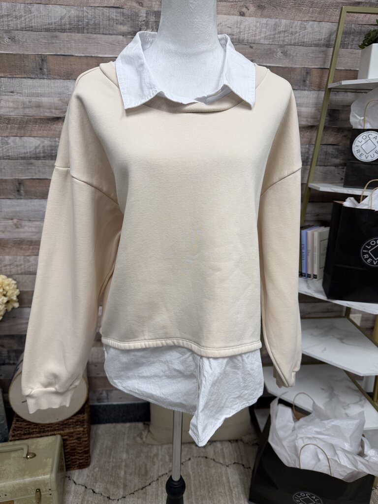 Anthropologie Maeve Layered Oversized Cream Sweatshirt with White Collar Size XL