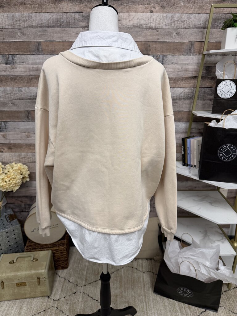 Anthropologie Maeve Layered Oversized Cream Sweatshirt with White Collar Size XL