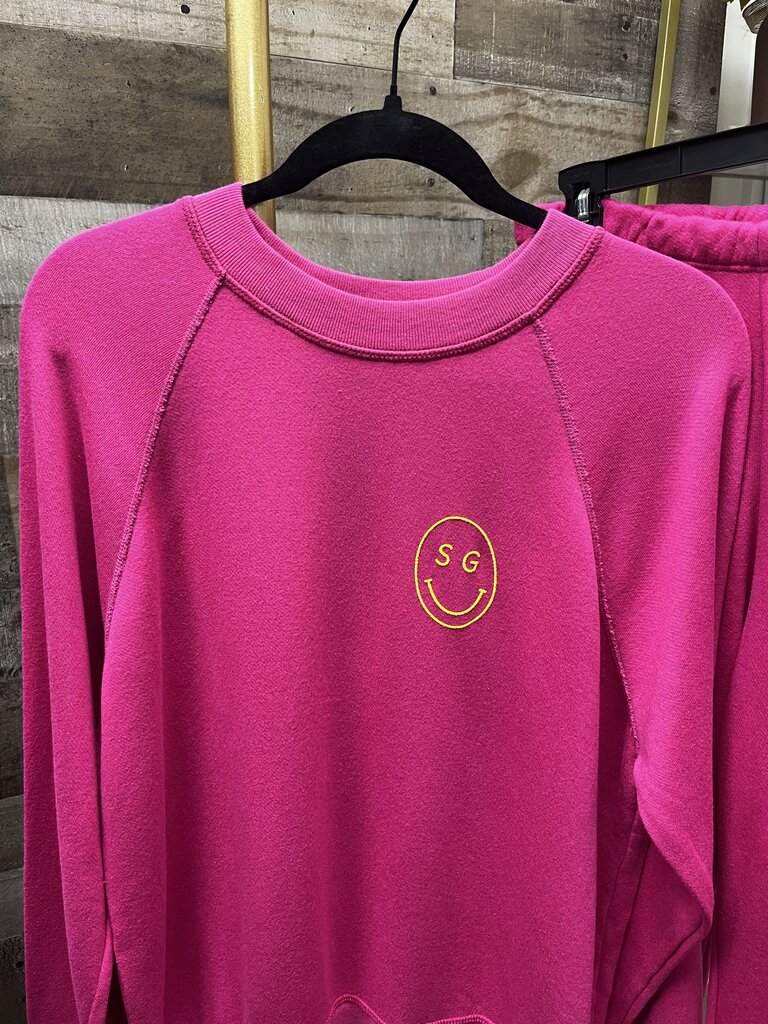 Spiritual Gangster Magenta Pink Yellow Smiley Forever Crewneck Sweatshirt & Sweat Pants Size L