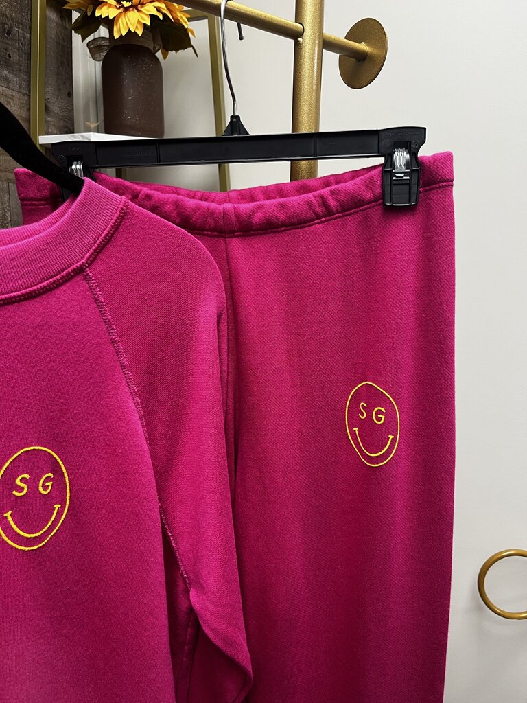 Spiritual Gangster Magenta Pink Yellow Smiley Forever Crewneck Sweatshirt & Sweat Pants Size L