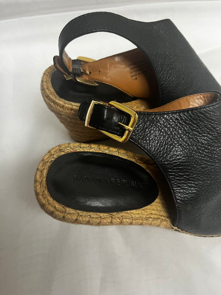 BANANA REPUBLIC Black Leather Espadrille Wedges Size 7.5