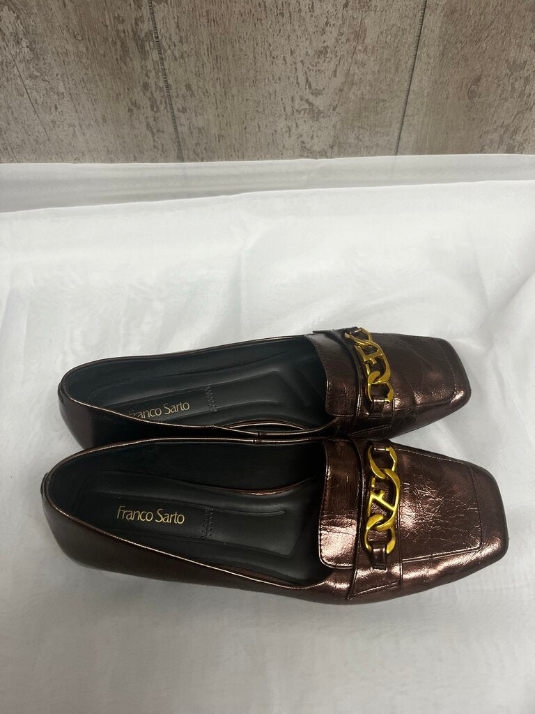 Franco Sarto Metallic Brown Leather Loafers w/ Gold Chain Accent Size 7.5