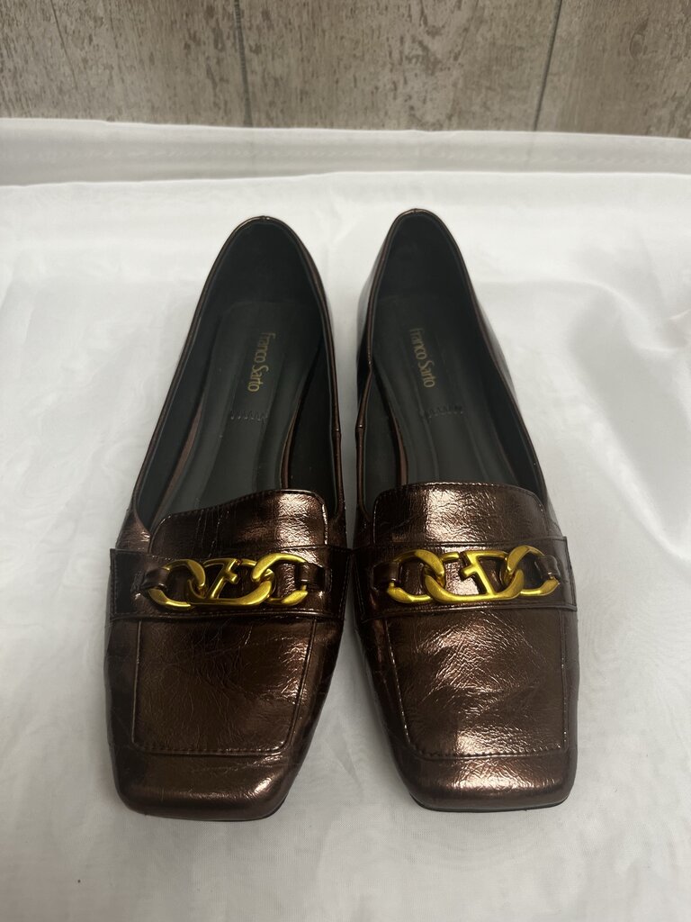 Franco Sarto Metallic Brown Leather Loafers w/ Gold Chain Accent Size 7.5
