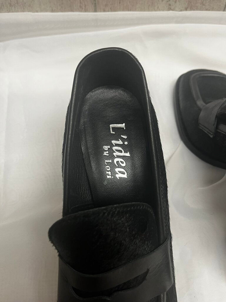 L'Idea by Lori Black Faux Fur Loafer Heels Size 38