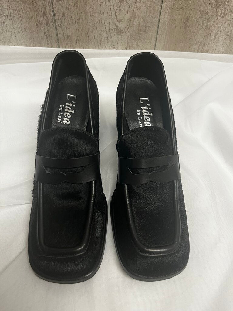 L'Idea by Lori Black Faux Fur Loafer Heels Size 38