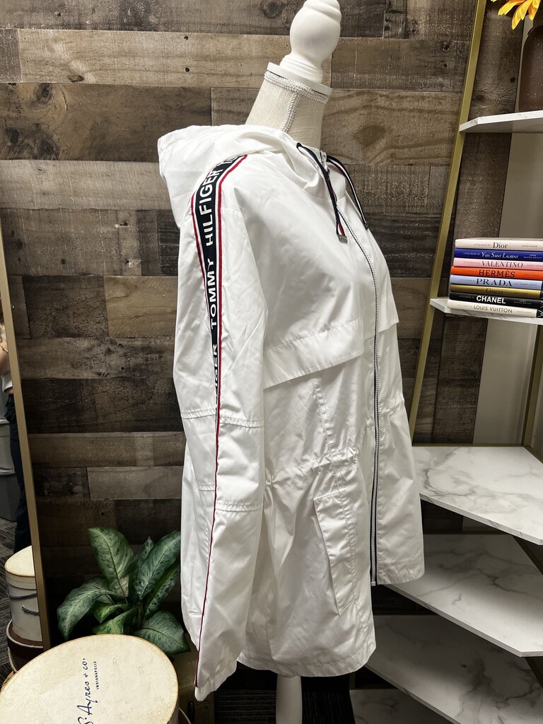 Tommy Hilfiger White Logo Windbreaker Hooded Coat Size XL