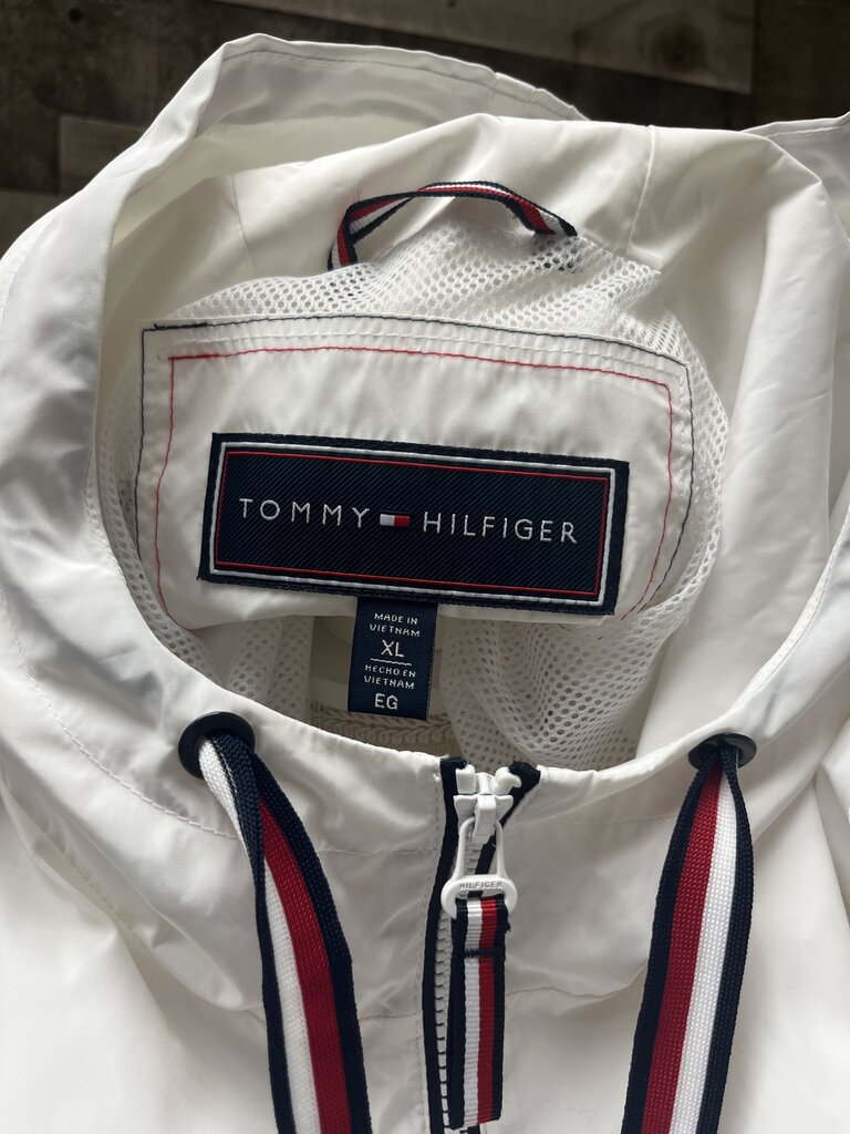 Tommy Hilfiger White Logo Windbreaker Hooded Coat Size XL