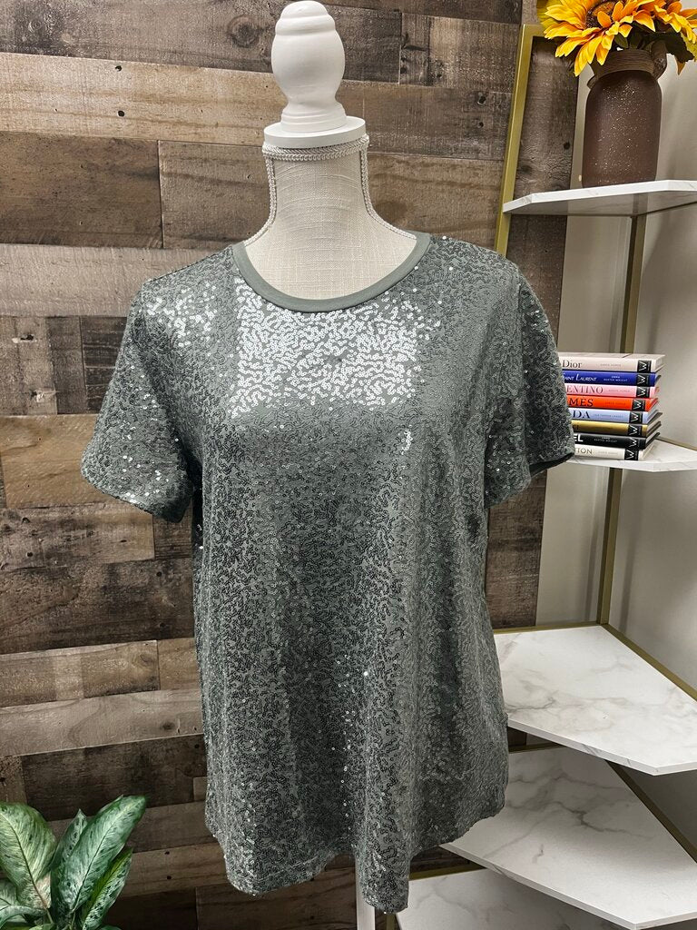 DKNY Olive Green Sequined Tee Size L